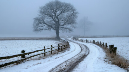 A winding dirt path cuts through a snowy field, leading past a lone tree surrounded by fog, capturing the stillness of a winter day