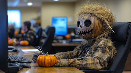 A scarecrow figure sits at a computer desk holding a small pumpkin, surrounded by other offices decorated for Halloween festivities