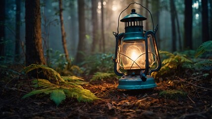 Illuminated Lantern in Misty Forest.