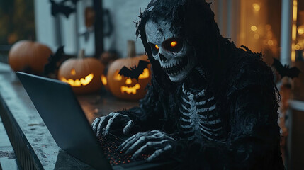 A skeleton with glowing eyes types on a laptop while surrounded by carved pumpkins and bats, creating a spooky Halloween atmosphere