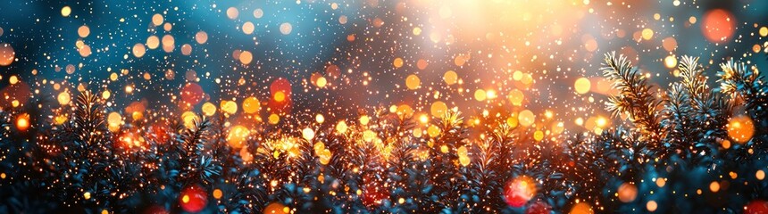Obraz premium Christmas ornaments and pine branches with glowing festive lights on a sparkling winter background Generative AI