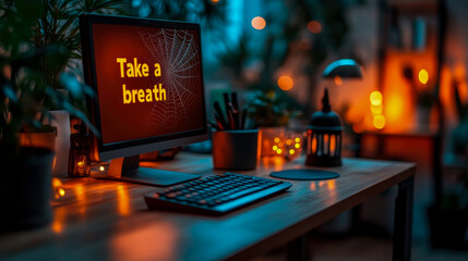 A warm and inviting workspace is illuminated by soft lights at night, featuring a computer screen that encourages calm with a motivational message