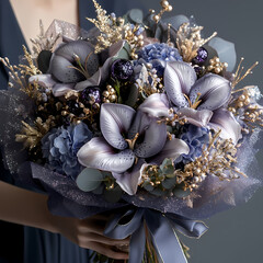 Fototapeta premium A bouquet for the Taurus zodiac sign, with lilies and hydrangeas, in the hands of a girl, Christmas, high detail, realistic photo, fashion style