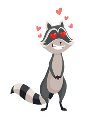 Cartoon raccoon character emotion. Funny wild coon pose, cute mammal. Vector design animal icon isolated on white background