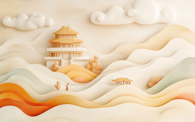 Chinese traditional ancient architecture art illustration
