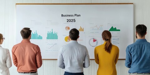 Business team analyzing a visual presentation on a wall for future planning and strategy development.