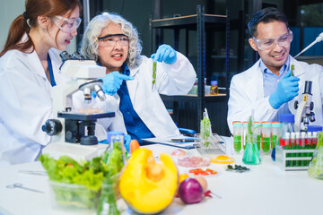 A male scientist and two women conduct plant research in a laboratory.  microscopes, petri dishes,test tubes to analyze genetically modified plants, food, meat, eggs,vegetables for nutritional value