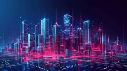 Fototapeta premium Futuristic cityscape digital illustration with colorful skyscrapers, grid-like pattern, and depth-inducing lines and dots on dark blue background