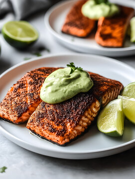 a high-quality side view photograph of a white plate with Keto Blackened Salmon with Avocado Cream. Ingredients: For the Blackened Salmon: - 2 salmon fillets (about 6 oz each) - 1 tablespoon olive oi