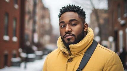 Fototapeta premium A young man stands confidently in a cozy yellow coat on a snowy street, surrounded by urban buildings, evoking a winter atmosphere