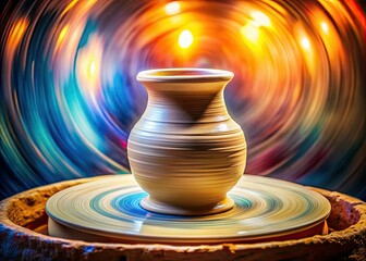 Clay pot's textured surface, a double exposure masterpiece. Artistic pottery wheel photography close-up.
