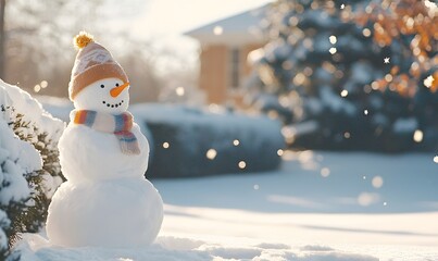 Fototapeta premium outdoor setting featuring a snowman surrounded by frost-covered bushes and trees, Generative AI 