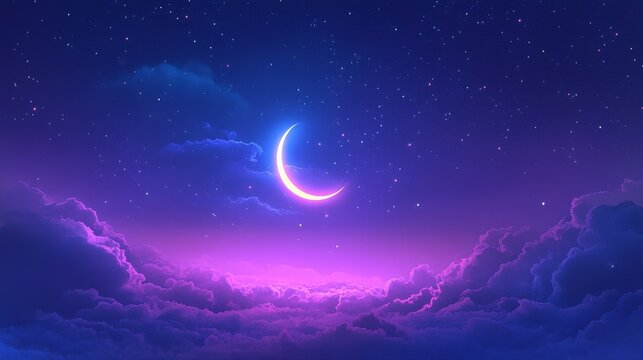 Beautiful crescent moon night sky with stars and clouds, purple and blue hues