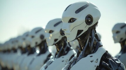 Humanoid robots standing in synchronized rows within a high-tech facility