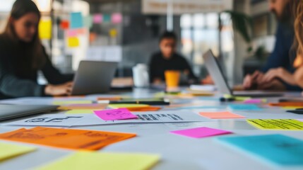 collaborative workspace with sticky notes and laptops