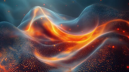 Fototapeta premium Abstract digital landscape with glowing lines and particles in vibrant colors during evening hours