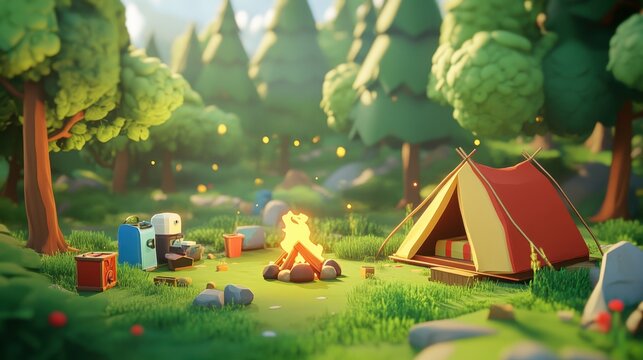 A playful cartoon camping scene featuring cozy tents, a crackling fire, and camping gear in a sunny, green landscape.