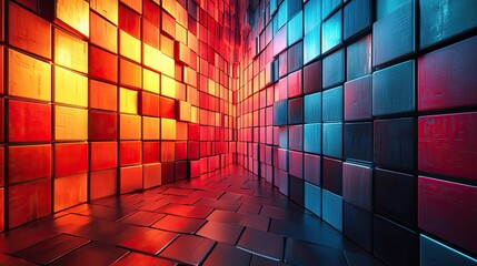 Colorful geometric shapes create a mesmerizing hallway effect in a vibrant and illuminated environment