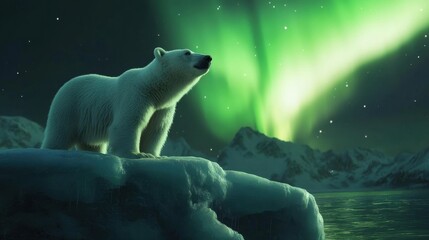 Fototapeta premium A polar bear on an icy platform, with the Northern Lights creating a stunning and ethereal winter backdrop.