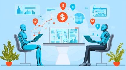 Infographic illustration of a modern business meeting with robot assistants