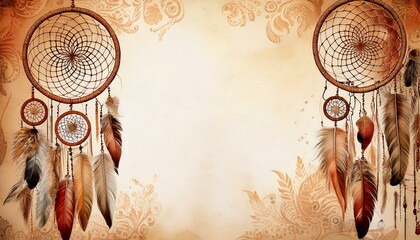Obraz premium Bohemian-style watercolor with tribal patterns, dreamcatchers, and earthy tones with empty copy space in the middle