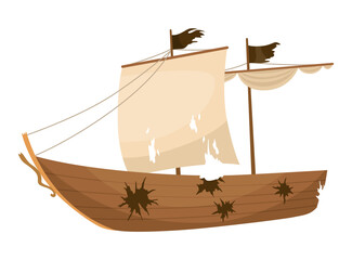 Broken ship icon. Cartoon wooden battered ship with tattered flag and sails after wreck or attack. Destroyed, wreck ship isolated on white background