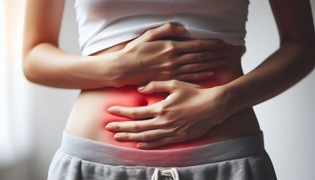 A young woman suffering from abdominal pain.