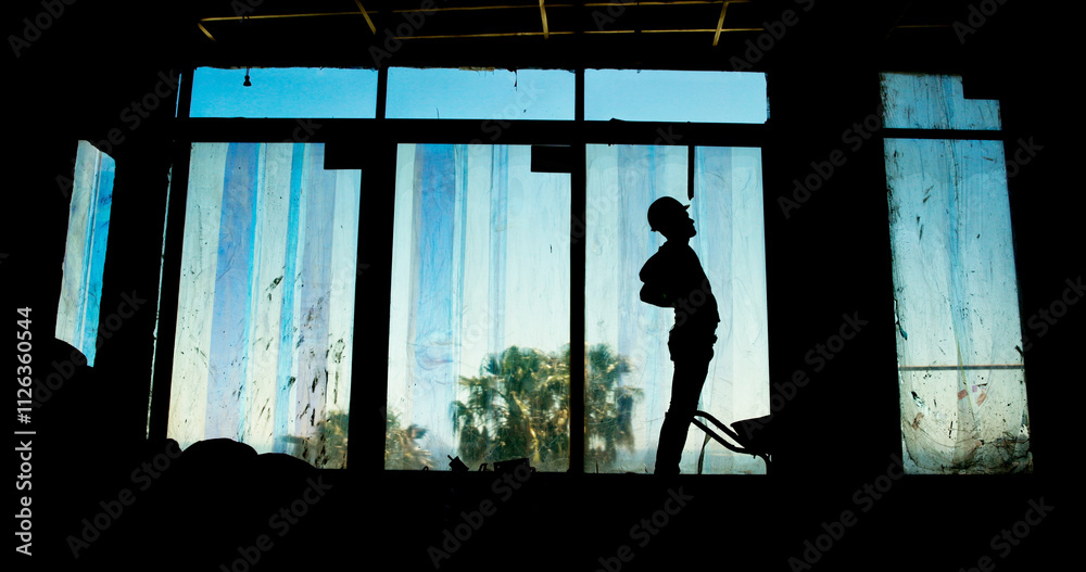 Poster silhouette, person and radio with construction site, tired and building development project. employe