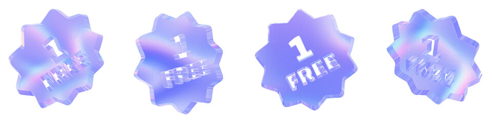 Set of 4 3d glass one free tag shape with aberration effect isolated on a transparent background. Blue tone. 3d transparent elements for graphic design.