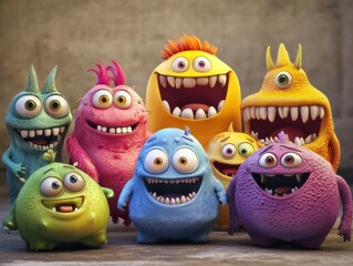 colorful cartoon monsters with big smiles and playful expressions