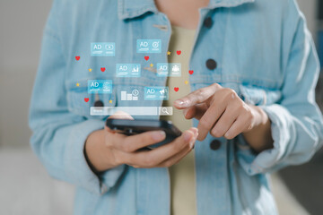 Businessman using hand touching on digital tablet to use marketing tools and check research visits...