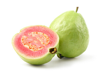 Red guava with cut in half isolated on white background. Clipping path.