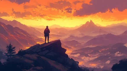 Fototapeta premium A lone hiker stands on a rocky ledge, gazing at a vibrant sunset over majestic mountains.