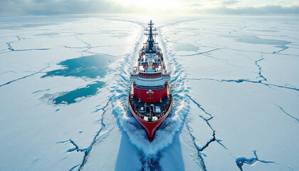 An aerial view of a red icebreaker ship navigating through frozen ice in a polar region.

