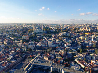 Obraz premium Aerial view of Blue Mosque, Hagia Sophia, Golden Horn and the Bosphorus, Istanbul, Turkey
