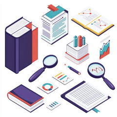of research tools including books, charts, and magnifying glasses, showcasing various data analysis elements. Perfect for educational and academic themes