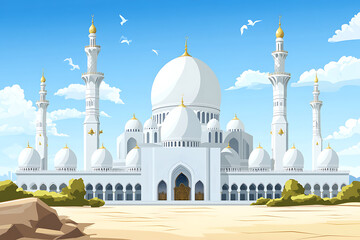 Fototapeta premium A grand white mosque with domes and minarets set against a blue sky.