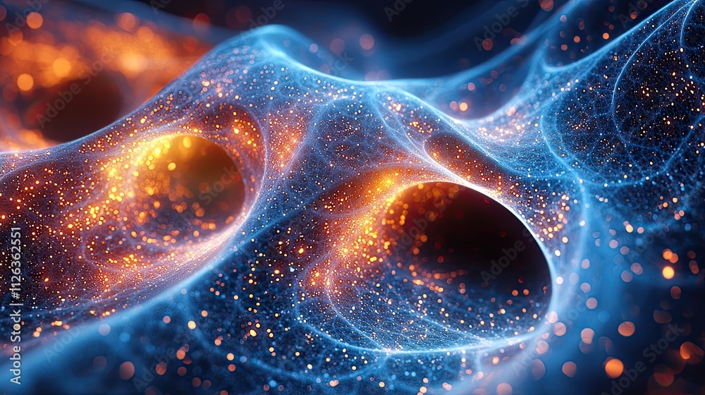 Poster dynamic abstract representation of cosmic energy flow with luminescent particles in a dark space