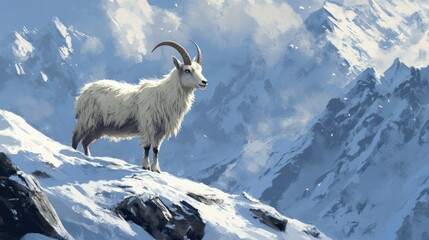 Fototapeta premium A solitary mountain goat gazing across a snow-covered landscape, embodying strength and adaptability in the wild.