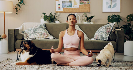 Yoga, meditation or Indian woman in home with lotus, lotus pose for mental health in lounge....
