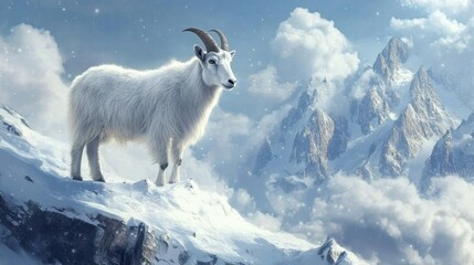 Fototapeta premium A solitary mountain goat gazing across a snow-covered landscape, embodying strength and adaptability in the wild.
