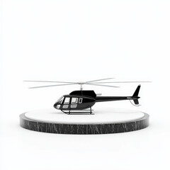 Fototapeta premium sleek black helicopter displayed on circular marble pedestal, showcasing its modern design and elegance. minimalist background emphasizes helicopter features and craftsmanship