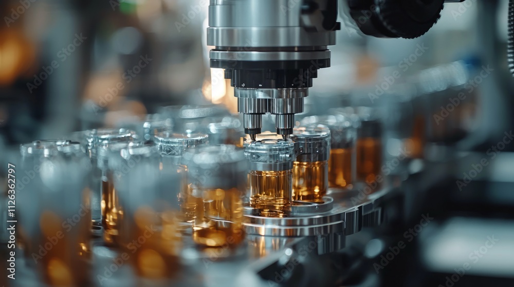 Poster intricate machinery works tirelessly in a vibrant factory, carefully assembling glass vials filled w