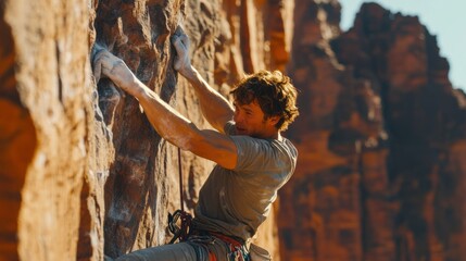 Climber ascending challenging sandstone rock face.