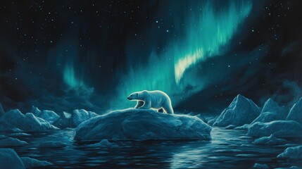 Obraz premium A solitary polar bear atop an ice floe, bathed in the magical glow of the Northern Lights, highlighting its Arctic habitat.