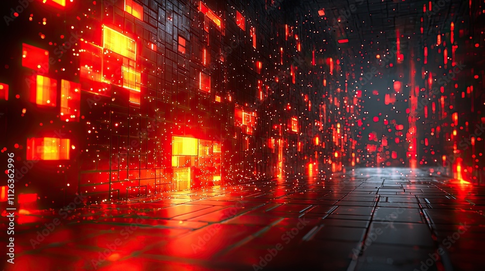 Poster abstract digital environment featuring glowing red blocks and particles in a futuristic setting