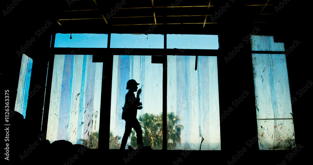 Poster Silhouette, person and radio with construction site, productivity and building development project. Employee, shadow and architecture with career ambition, engineering and renovation with occupation