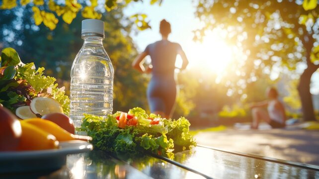 Encouraging a balance healthy lifestyle through nutrition and fitness, highlighting a vibrant salad green food and water bottle with a blurred image of a woman jogging in background a park.