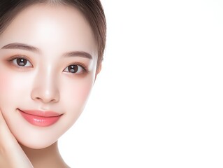 Naklejka premium Radiant woman with a bright smile on clean white background, portrait of happiness and confidence