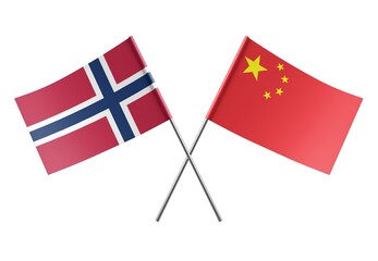  Crossed China and Norway flags. Official colors. Correct proportion. Poster design. Digital Image.